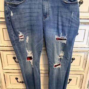Judy Blue Distressed Blue Denim Jeans with Red Buffalo Plaid Patch Detail